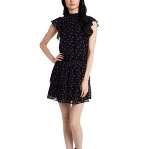 NWT 1.STATE Floral Print Smocked-Neck Flutter-Sleeve Dress